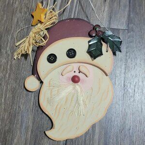 Wood Christmas Santa Claus Door Hanger Wall Sign Buttons Metal Holly berries